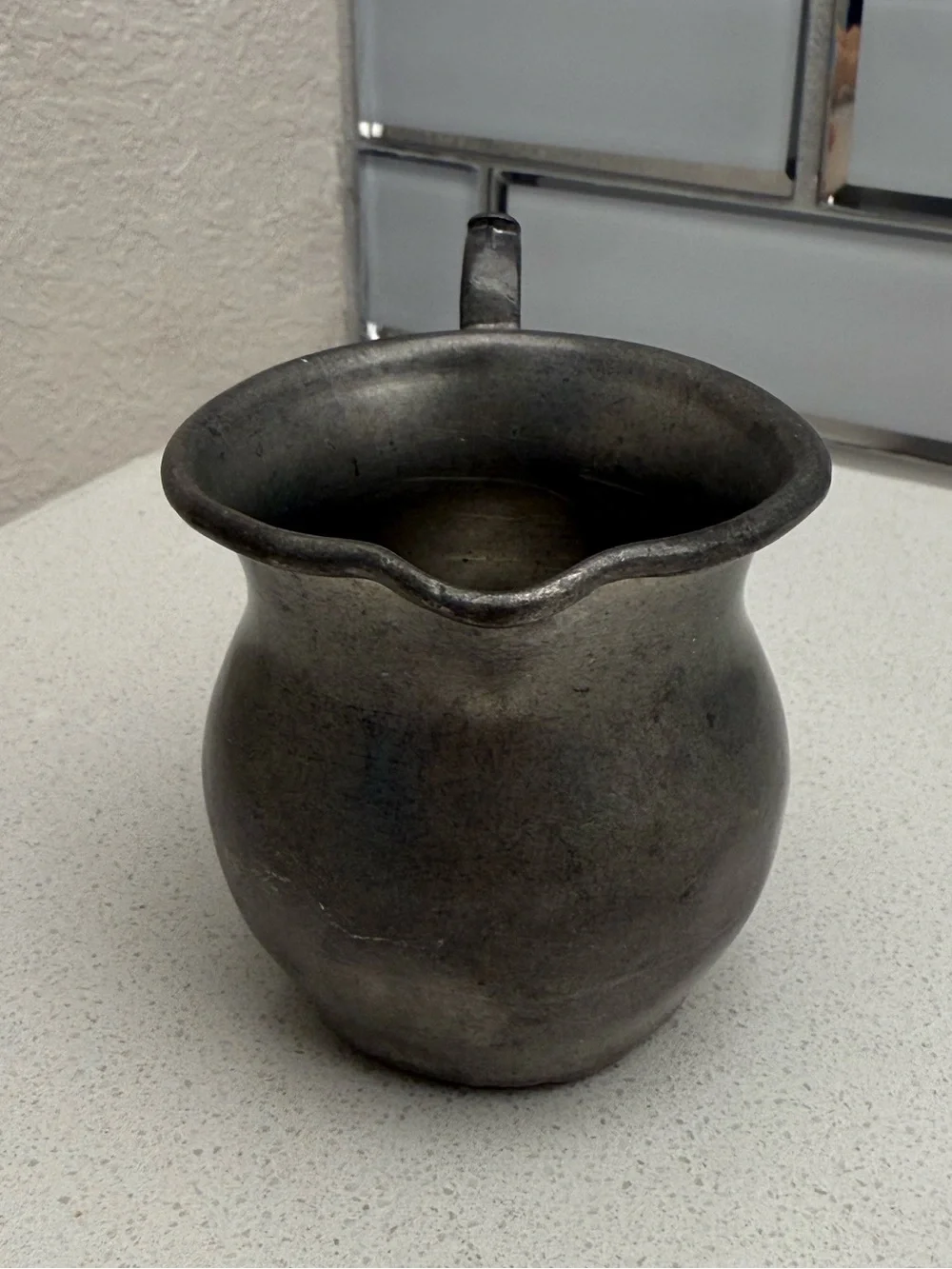 Vintage Pewter Creamer Pitcher Colonial Style Scroll Handle